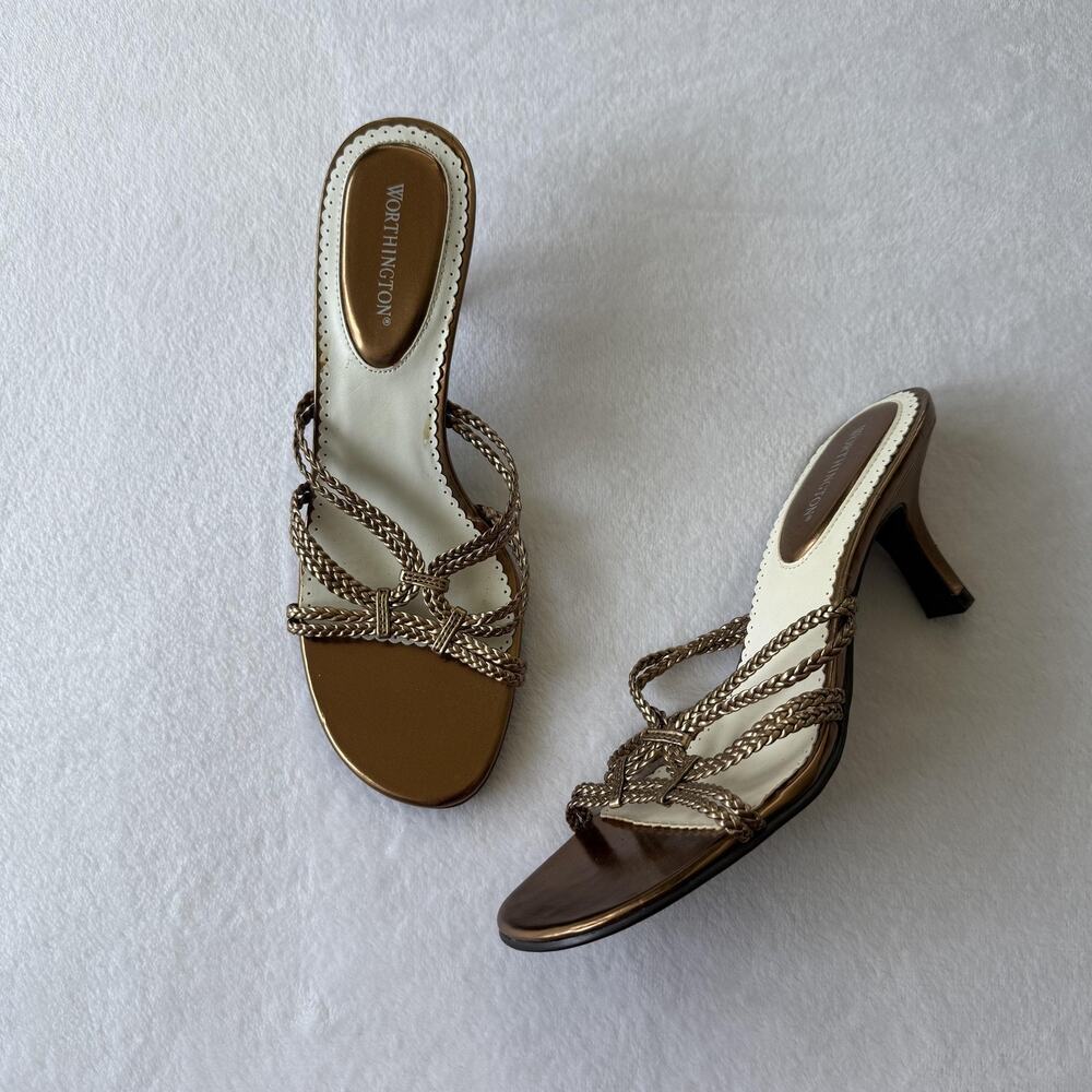 Worthington Sandals Womens Size 7.5 Gold Slide Braided Strappy Cone Heel Dress